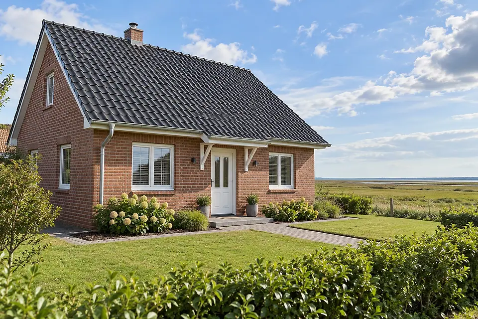 Ferienhaus aus rotem Klinker mit dunklem Ziegeldach, davor Rasen und Hecke, dahinter flaches Marschland
