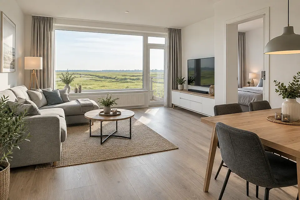 Heller Wohnbereich einer Ferienwohnung mit Sofa, Esstisch und großem Fenster zum Marschland