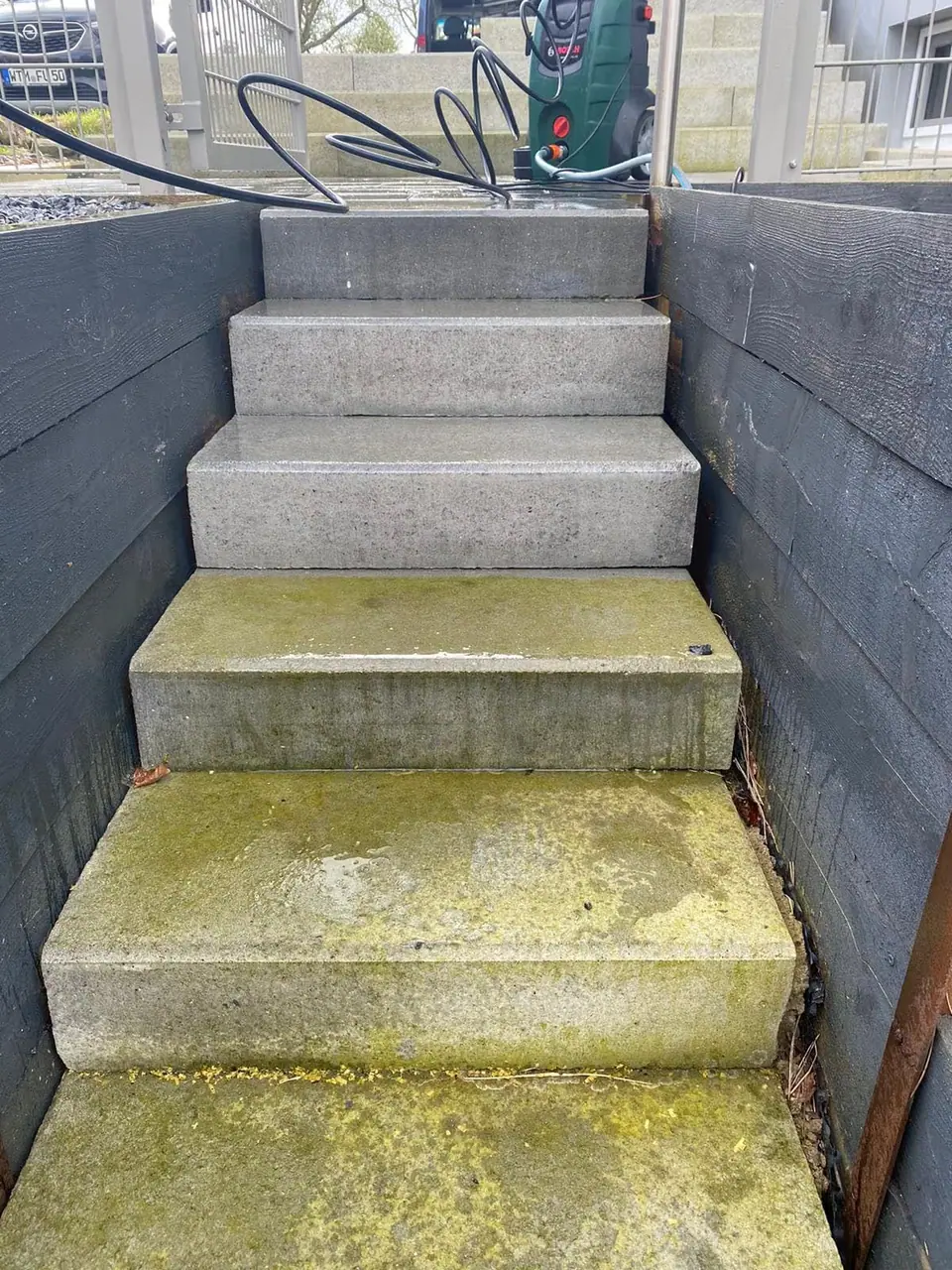 Außentreppe aus Beton: obere Stufen gereinigt, untere noch mit Grünbelag