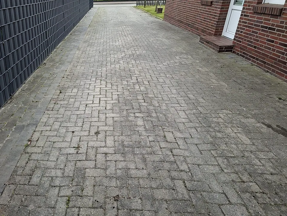 Einfahrt aus Betonpflaster mit grauem Belag und Grün in den Fugen