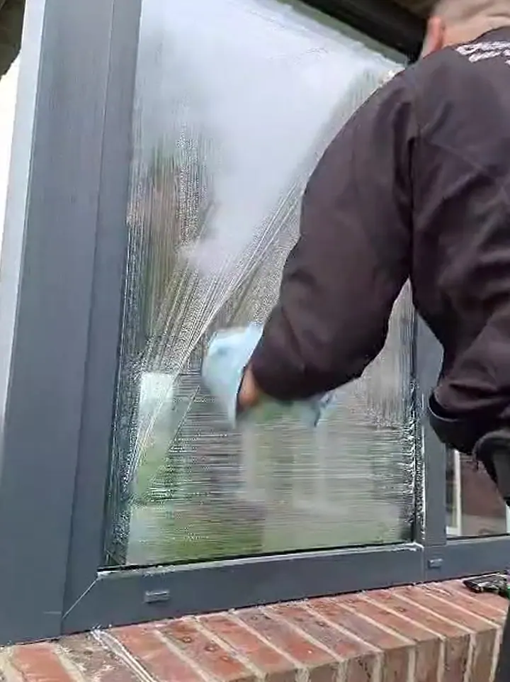 Fensterscheibe mit Reinigungsmittel eingeseift, der Mitarbeiter wischt mit dem Tuch